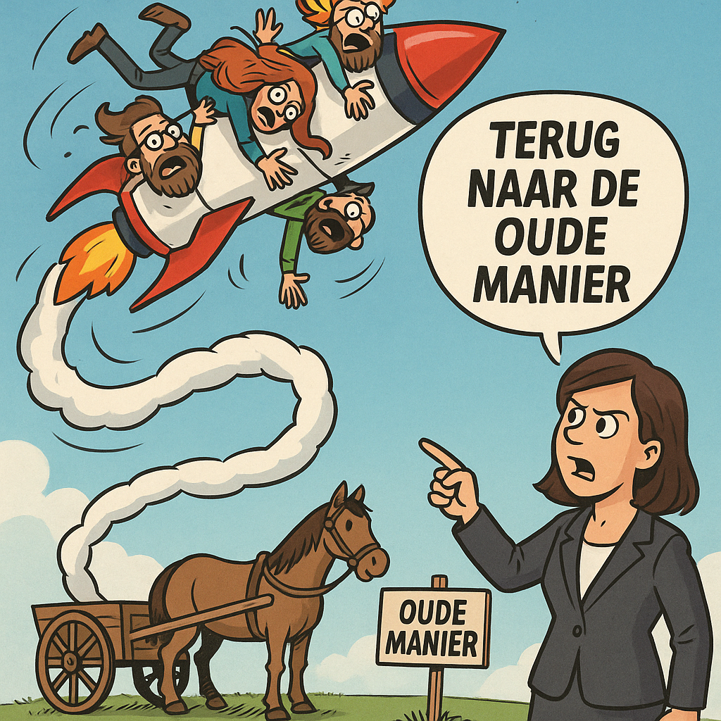 Hipsters spinning out of control on their rocket, traditional manager saying "let's go back to the old way' which is horse and carriage